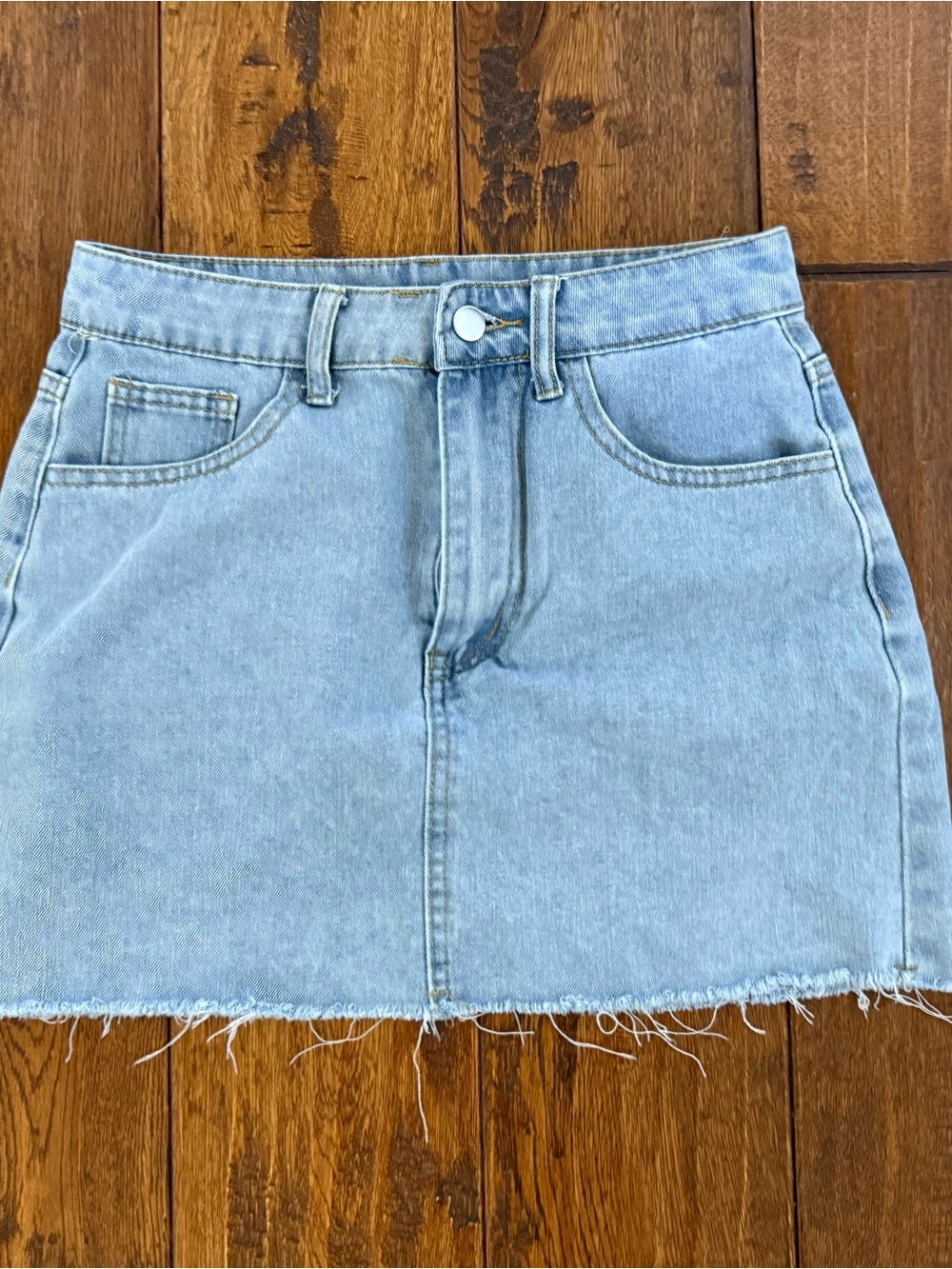 Light Blue Denim Mini Skirt - Casual Frayed Hem